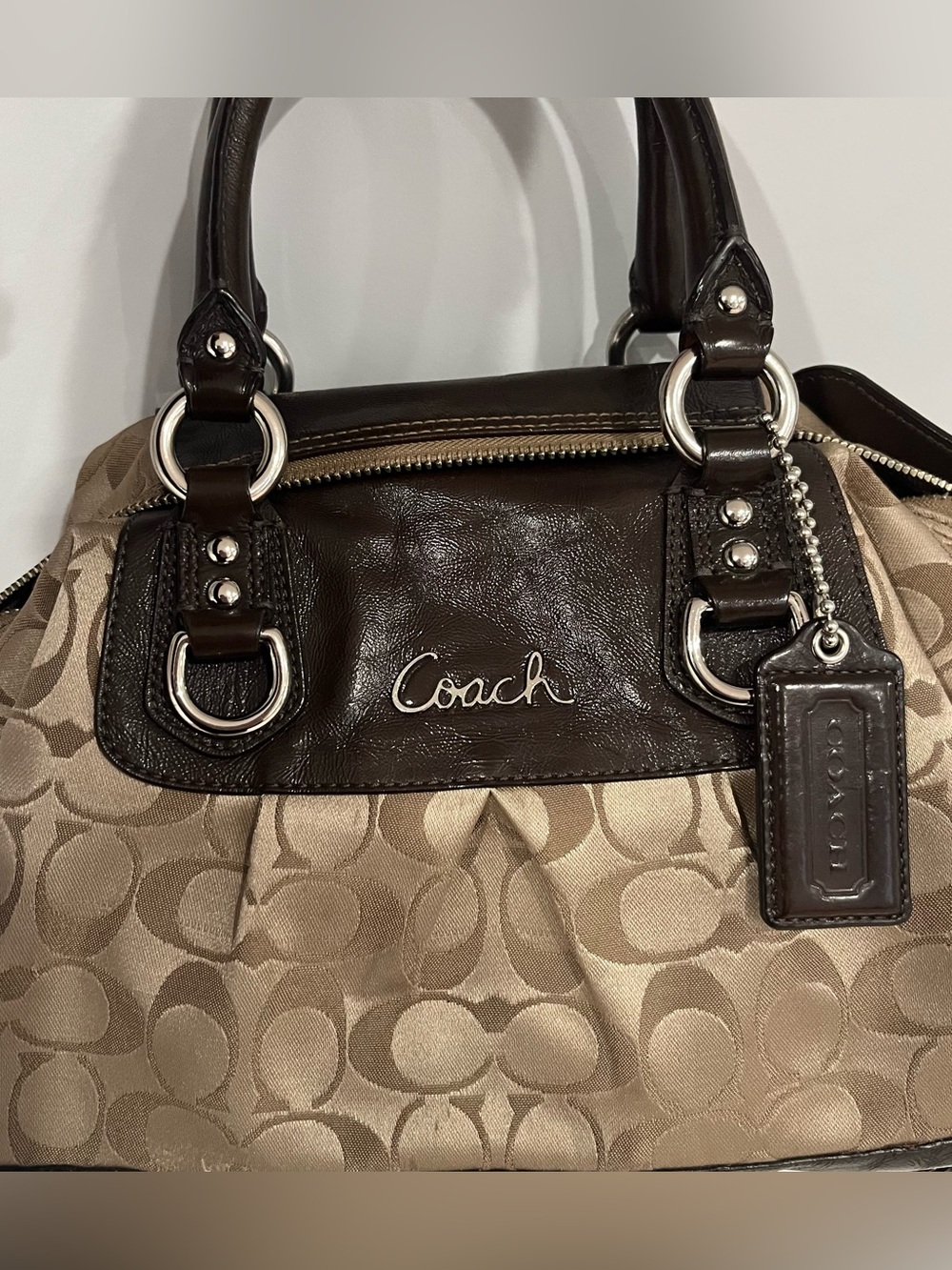COACH ASHLEY SIGNATURE KHAKI+ MAHOGANY LOGO SATCHEL HANDBAG CONVERTIBLE 2way